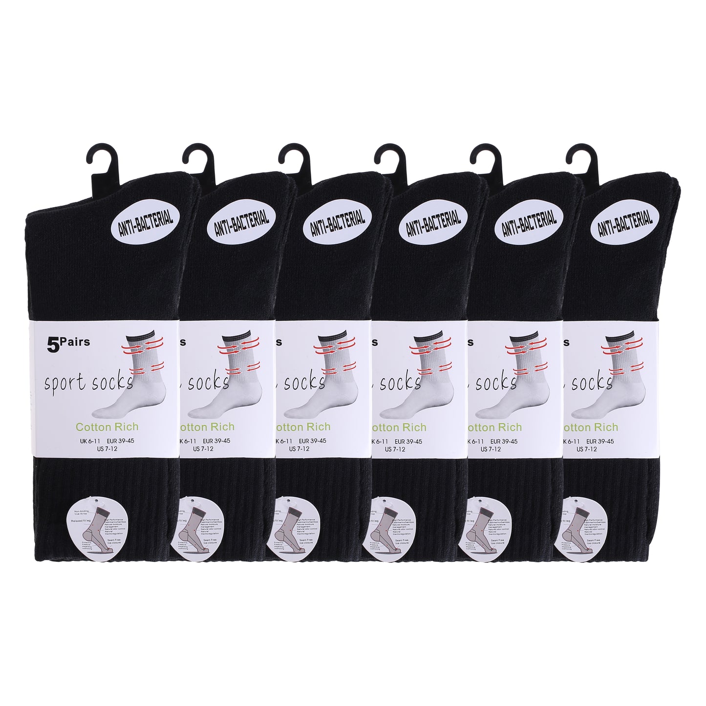 Mens 5 Pair Pair Sport Socks - Plain Black (30 Pairs)