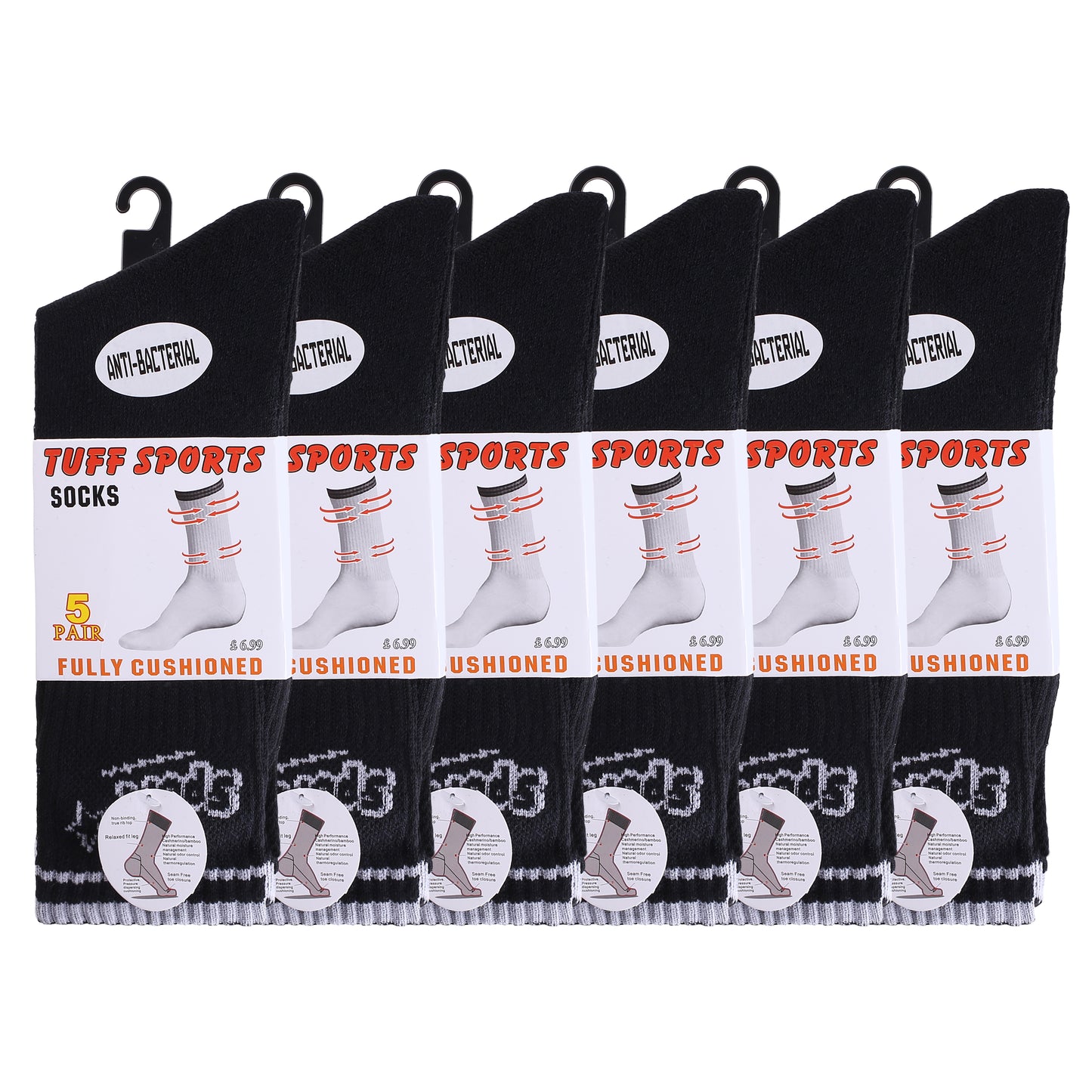 Mens 5 Pair Pair Sport Socks - Black/ Sport Cuff (30 Pairs)