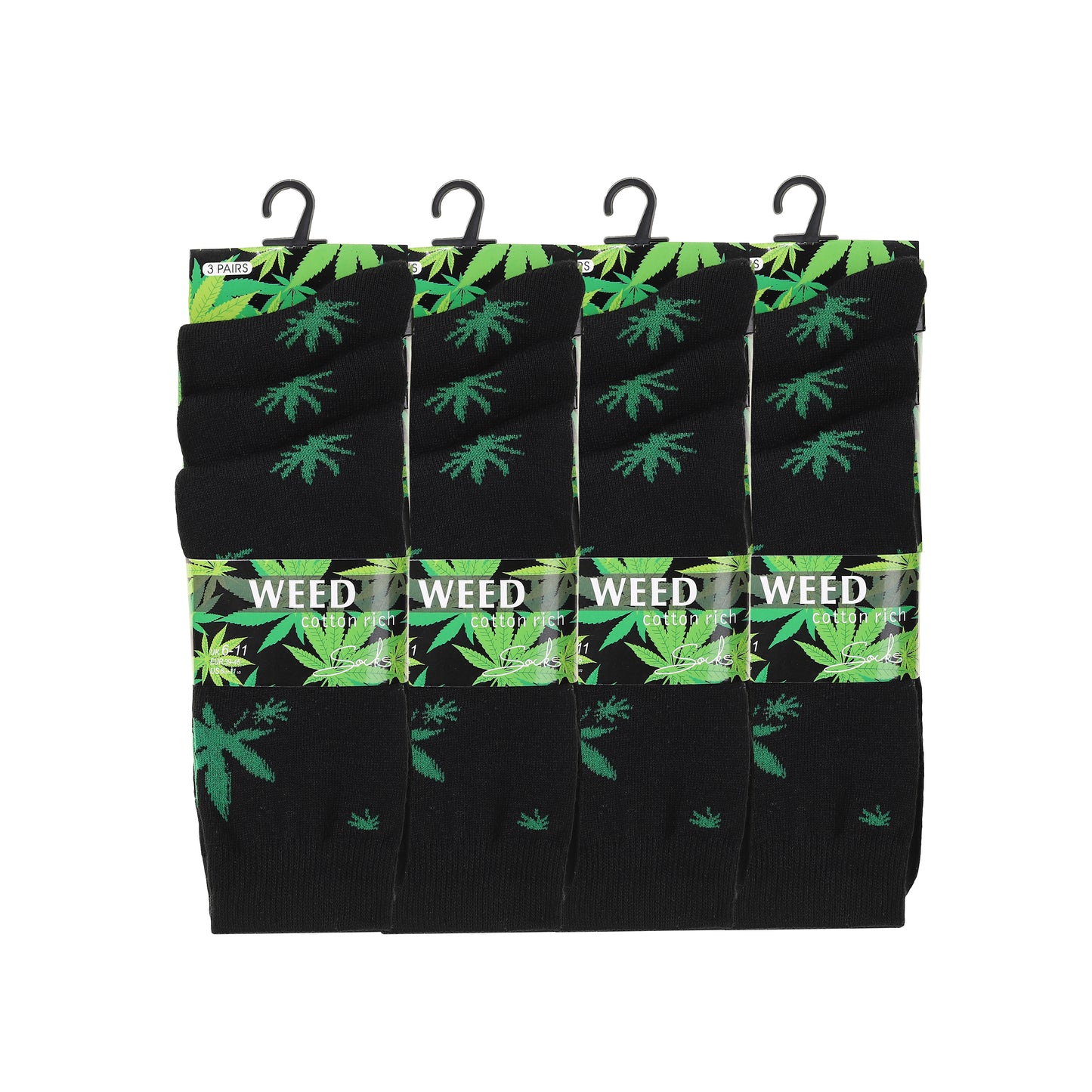 Mens Dress Socks - Black/ Green Ganja Leaf (12 Pairs)