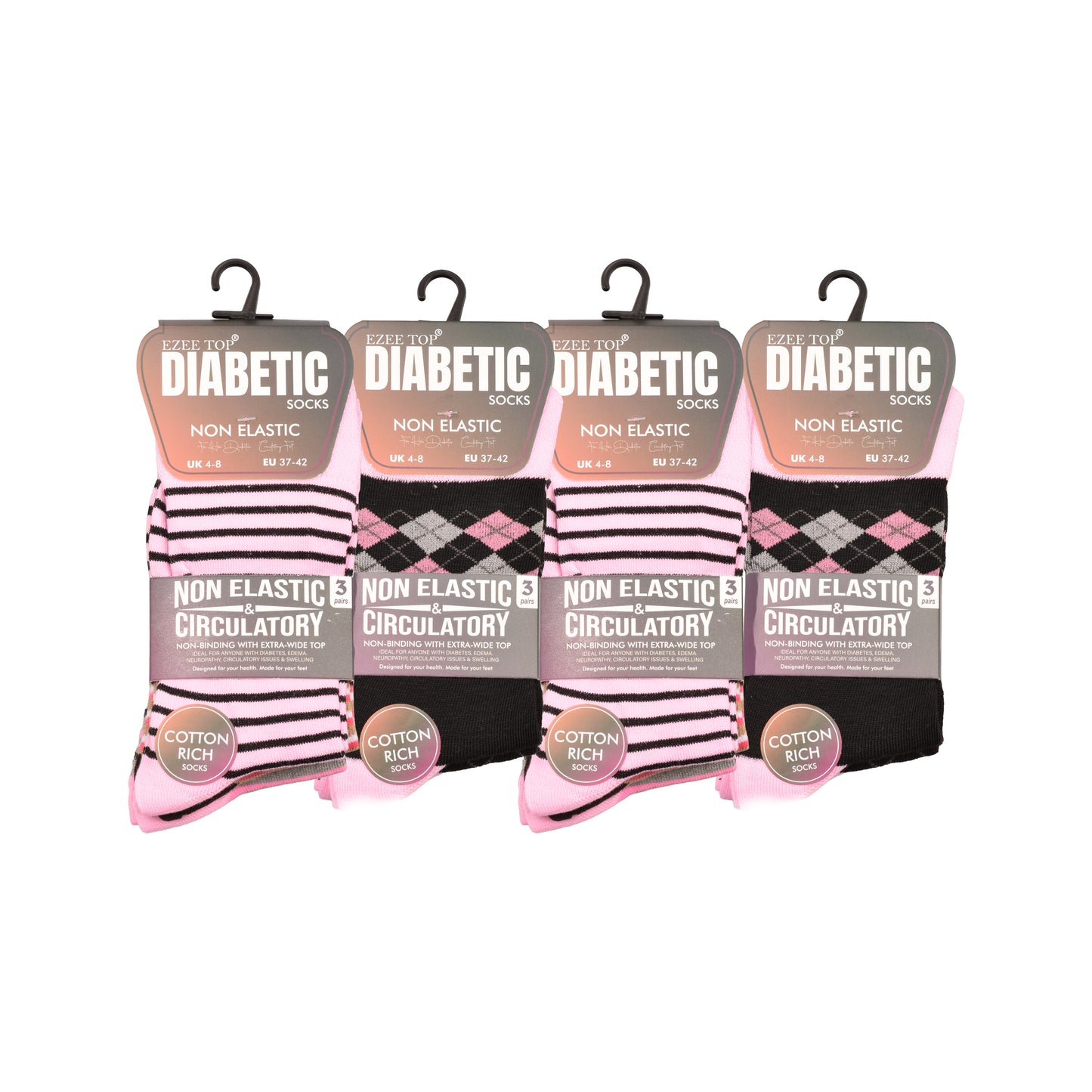 Ladies Non Elastic Diabetic Socks - Stripes/Diamond (12 Pairs)
