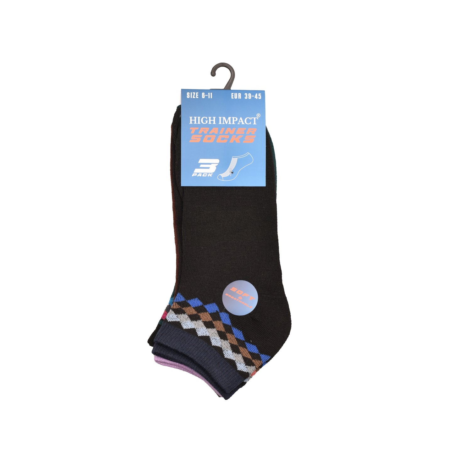 Mens Trainer Socks - Assorted Diamond Pattern (12 Pairs)