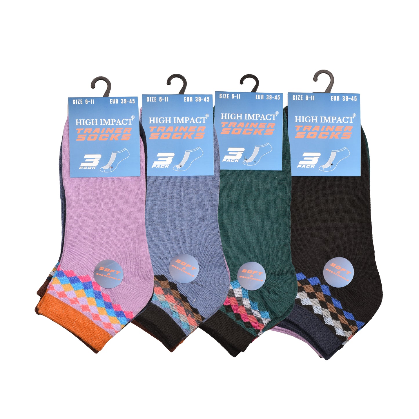 Mens Trainer Socks - Assorted Diamond Pattern (12 Pairs)