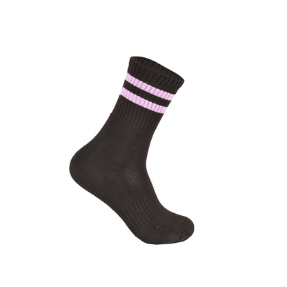 Ladies 3 Pair Cushioned Sport Socks - Black - Assorted Stripes (12 Pairs)