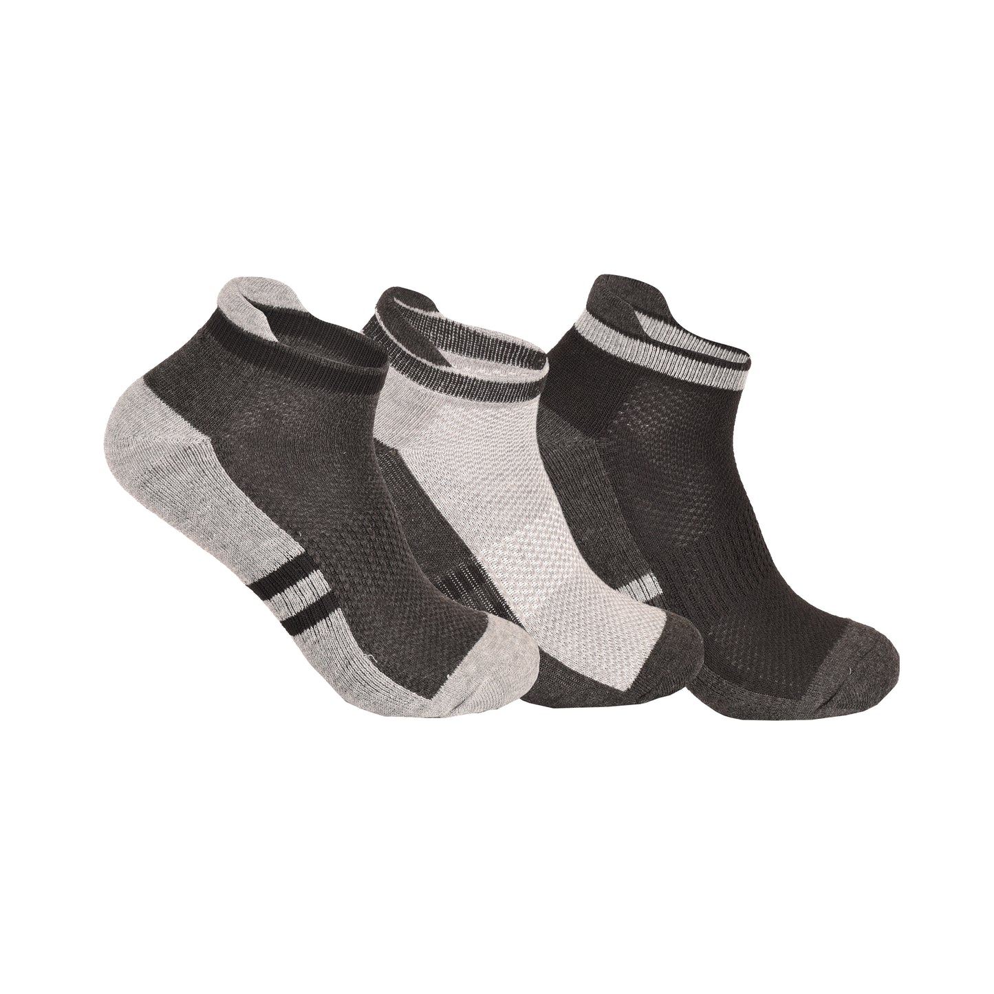 Mens Cushioned Trainer Socks - Sport Stripe Black/Grey (12 Pairs)