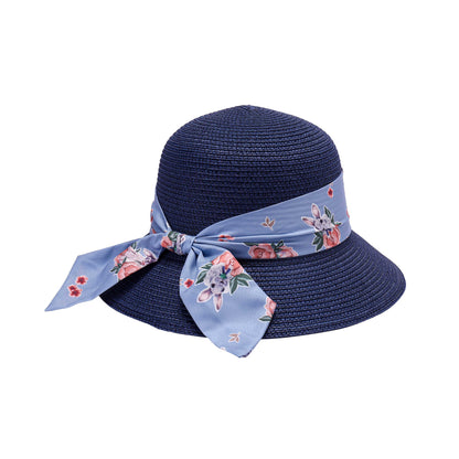 Ladies Classic Cloche Hat with Whimsical Floral Print Ribbon