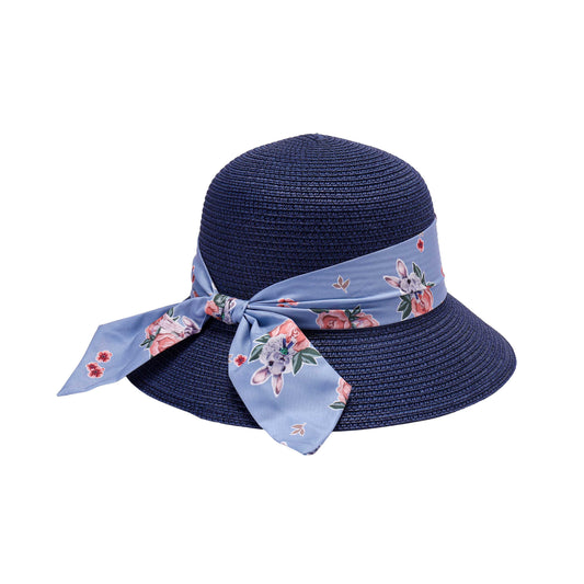 Ladies Classic Cloche Hat with Whimsical Floral Print Ribbon