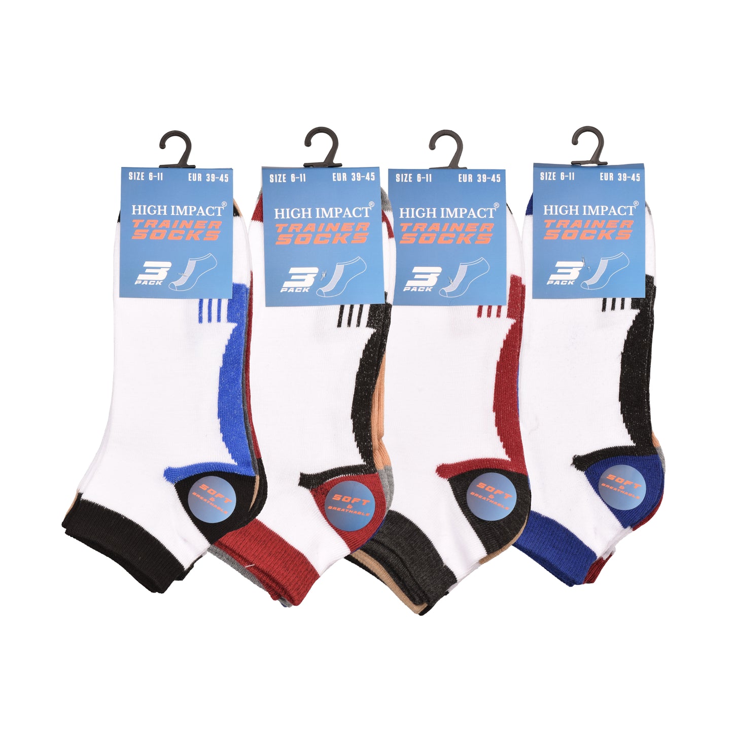Mens Trainer Socks - Contrast Panel Assorted (12 Pairs)