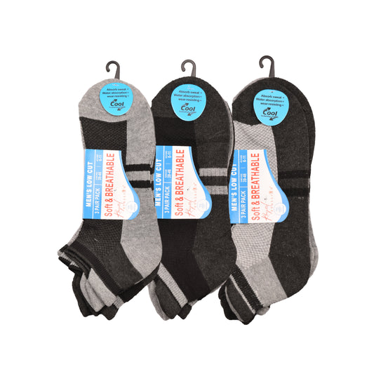 Mens Cushioned Trainer Socks - Sport Stripe Black/Grey (12 Pairs)
