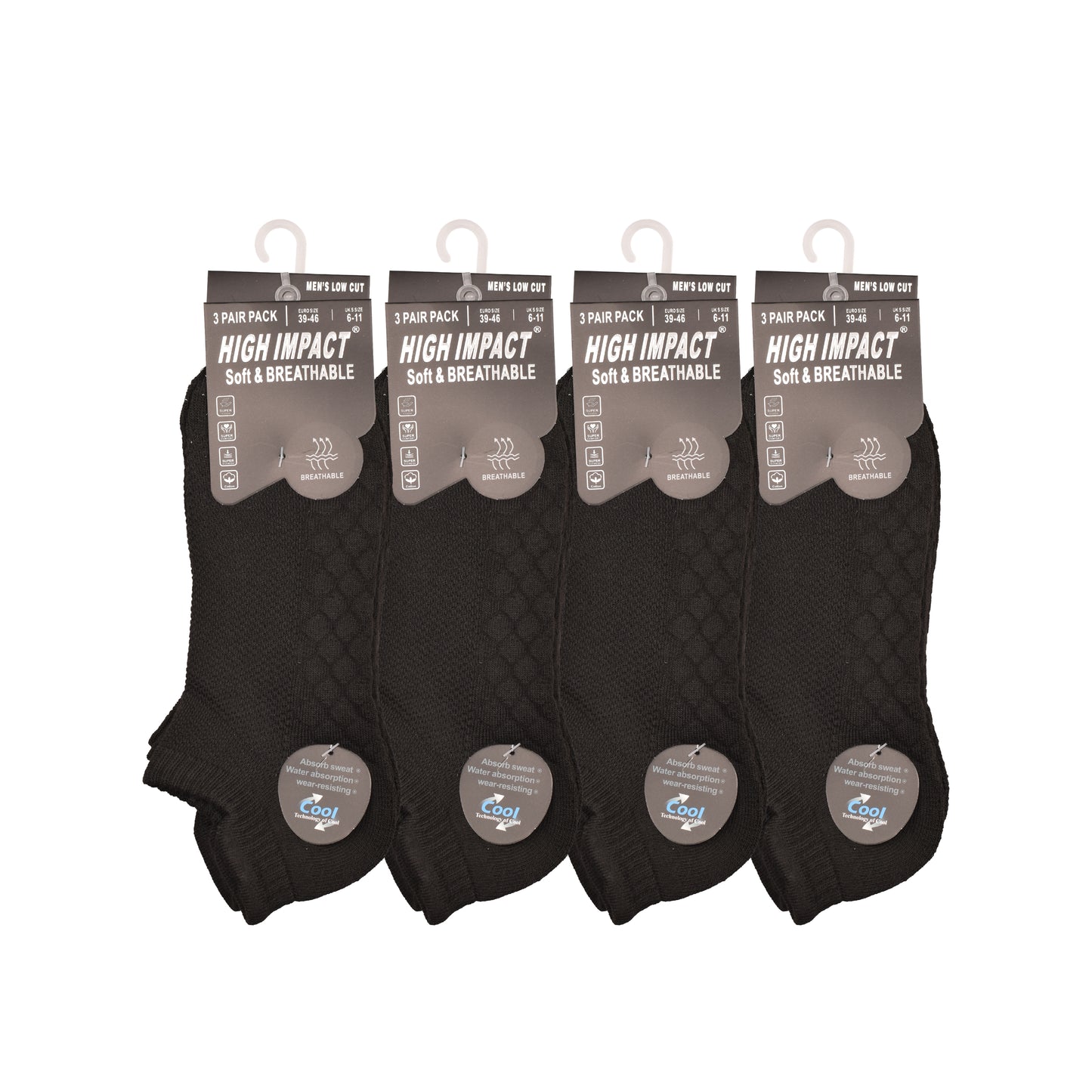 Mens Cushioned Trainer Socks - Black Hex Pattern (12 Pairs)
