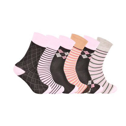 Ladies Non Elastic Diabetic Socks - Stripes/Diamond (12 Pairs)