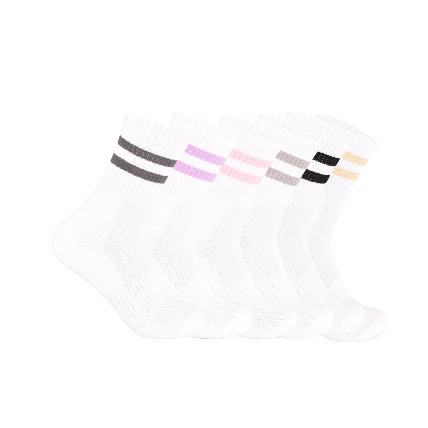 Ladies 3 Pair Cushioned Sport Socks - White - Assorted Stripes (12 Pairs)