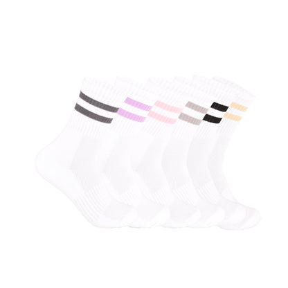 Ladies 3 Pair Cushioned Sport Socks - White - Assorted Stripes (12 Pairs)
