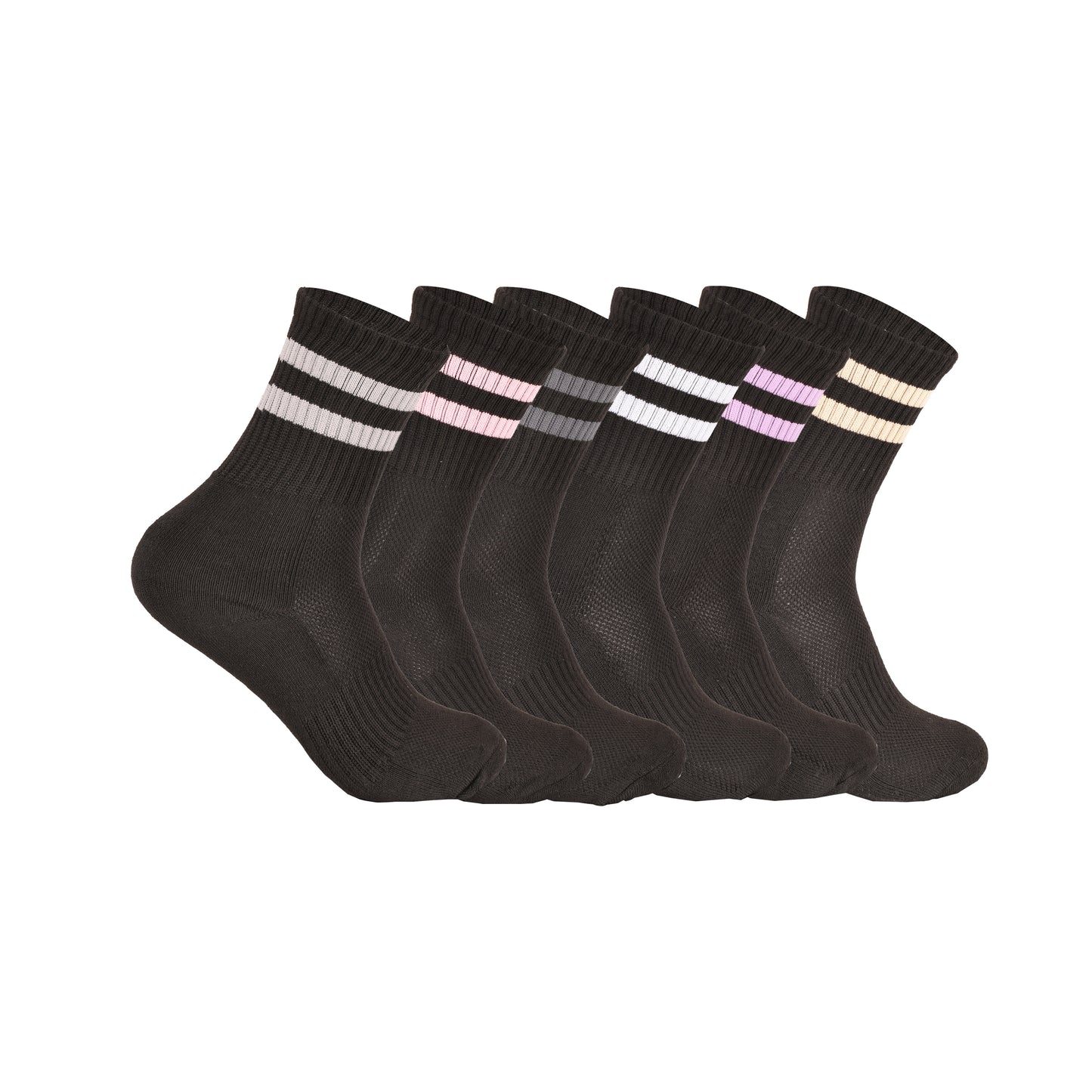 Ladies 3 Pair Cushioned Sport Socks - Black - Assorted Stripes (12 Pairs)