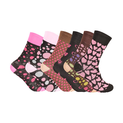 Ladies Non Elastic Diabetic Socks - Hearts/Polka Dot Pattern (12 Pairs)