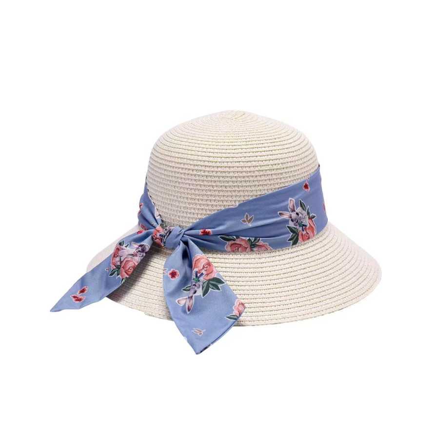 Ladies Classic Cloche Hat with Whimsical Floral Print Ribbon