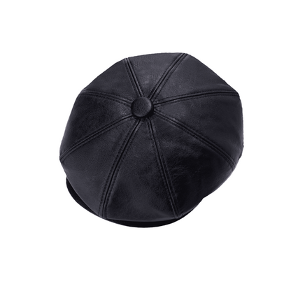 Classic 8 Piece Newsboy Cap - Black Faux Leather (One Size)
