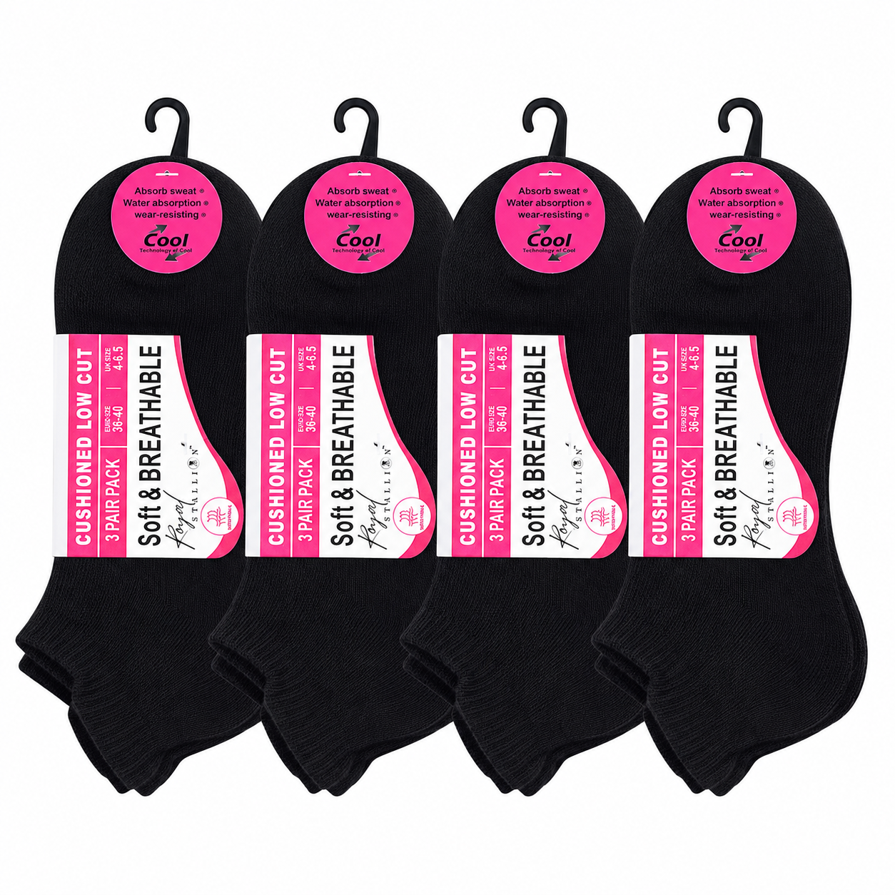 Ladies Cushioned Trainer Socks - Black (12 Pairs)