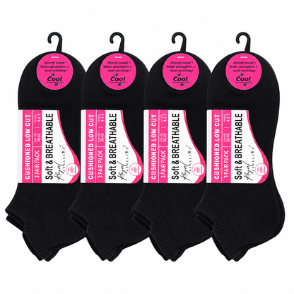 Ladies Cushioned Trainer Socks - Black (12 Pairs)