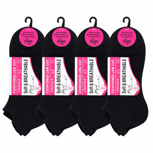 Ladies Cushioned Trainer Socks - Black (12 Pairs)