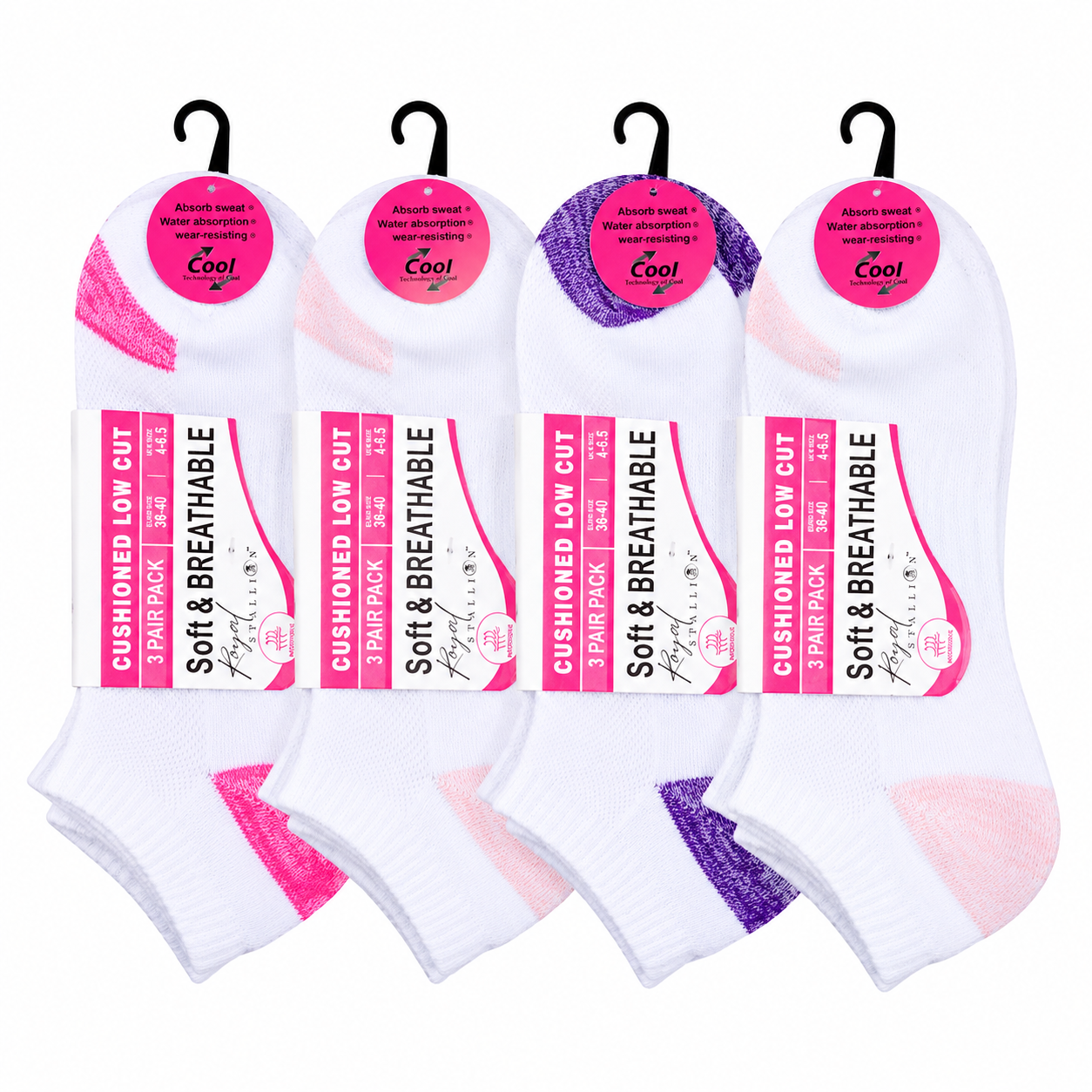 Ladies Cushioned Trainer Socks - White-Contrast Heel/Toe (12 Pairs)