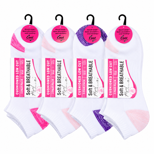 Ladies Cushioned Trainer Socks - White-Contrast Heel/Toe (12 Pairs)