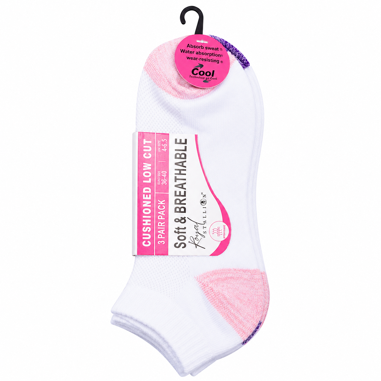 Ladies Cushioned Trainer Socks - White-Contrast Heel/Toe (12 Pairs)