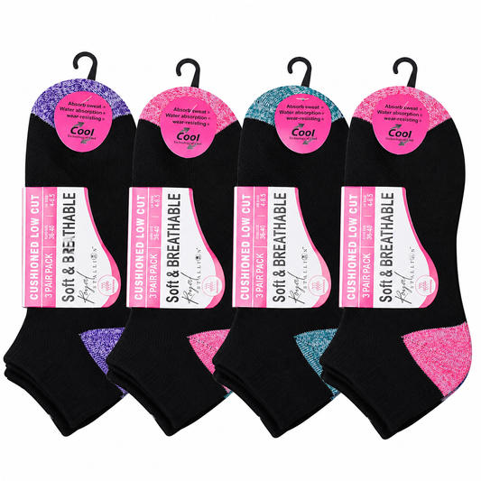 Ladies Cushioned Trainer Socks - Black-Contrast Heel/Toe (12 Pairs)