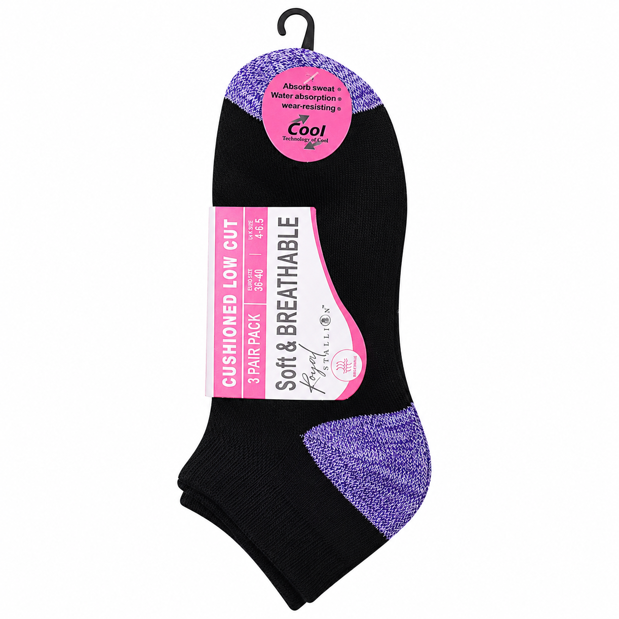 Ladies Cushioned Trainer Socks - Black-Contrast Heel/Toe (12 Pairs)