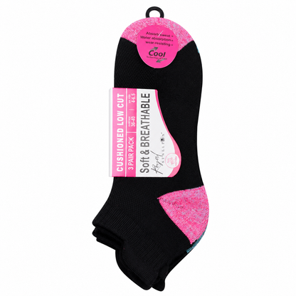 Ladies Cushioned Trainer Socks - Black-Contrast Heel/Toe (12 Pairs)