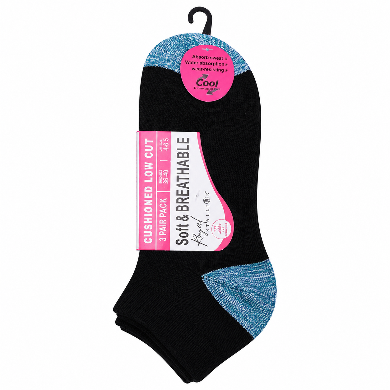 Ladies Cushioned Trainer Socks - Black-Contrast Heel/Toe (12 Pairs)