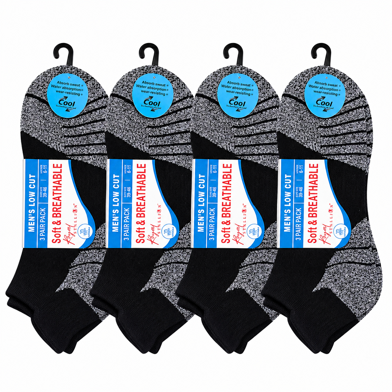 Mens Cushioned Trainer Socks - Black/Grey (12 Pairs)