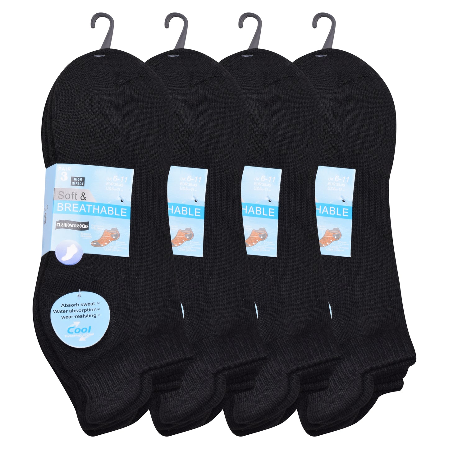 Mens Cushioned Trainer Socks - Black (12 Pairs)