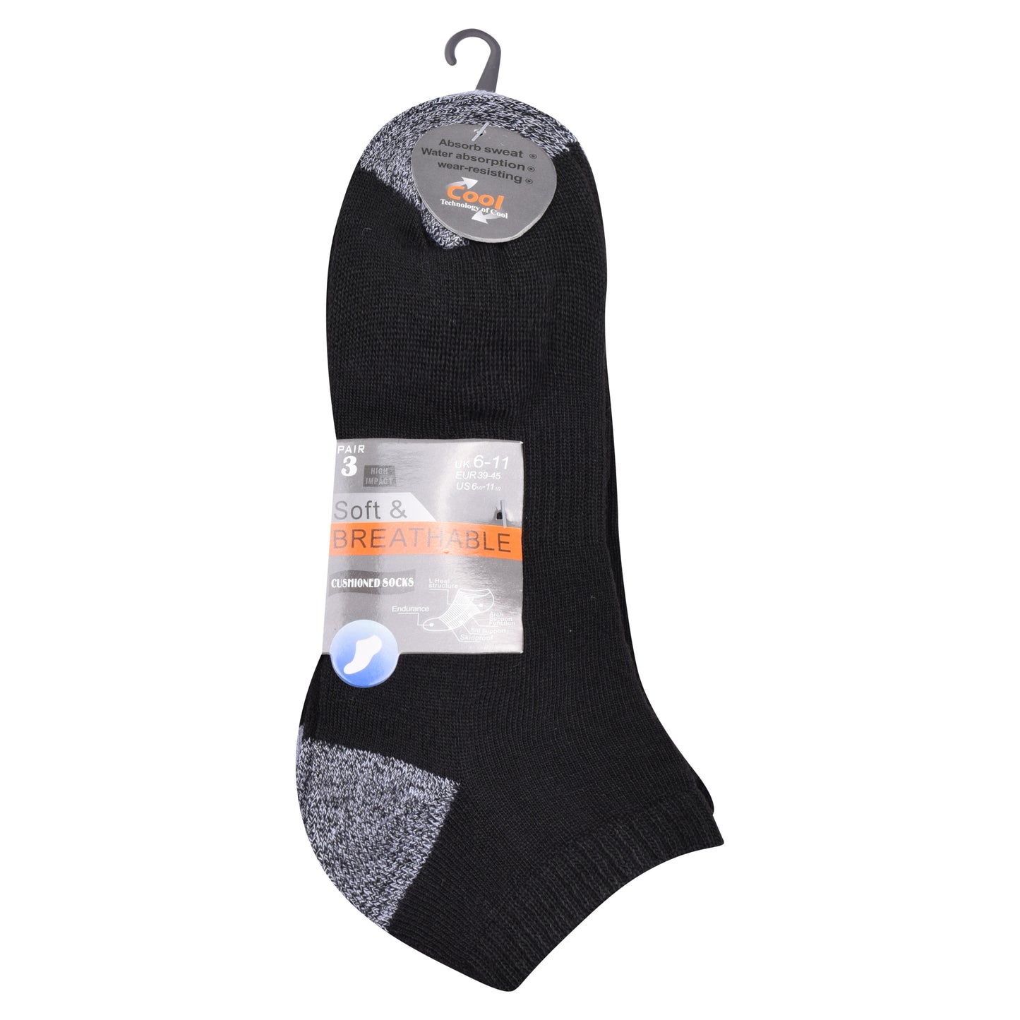 Mens Cushioned Trainer Socks - Black/Contrast Heel (12 Pairs)