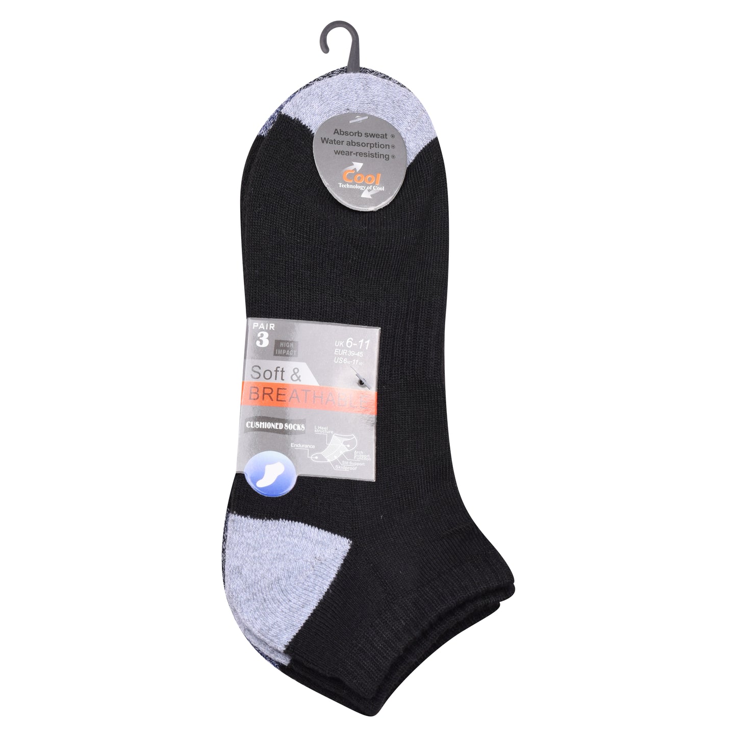 Mens Cushioned Trainer Socks - Black/Contrast Heel (12 Pairs)