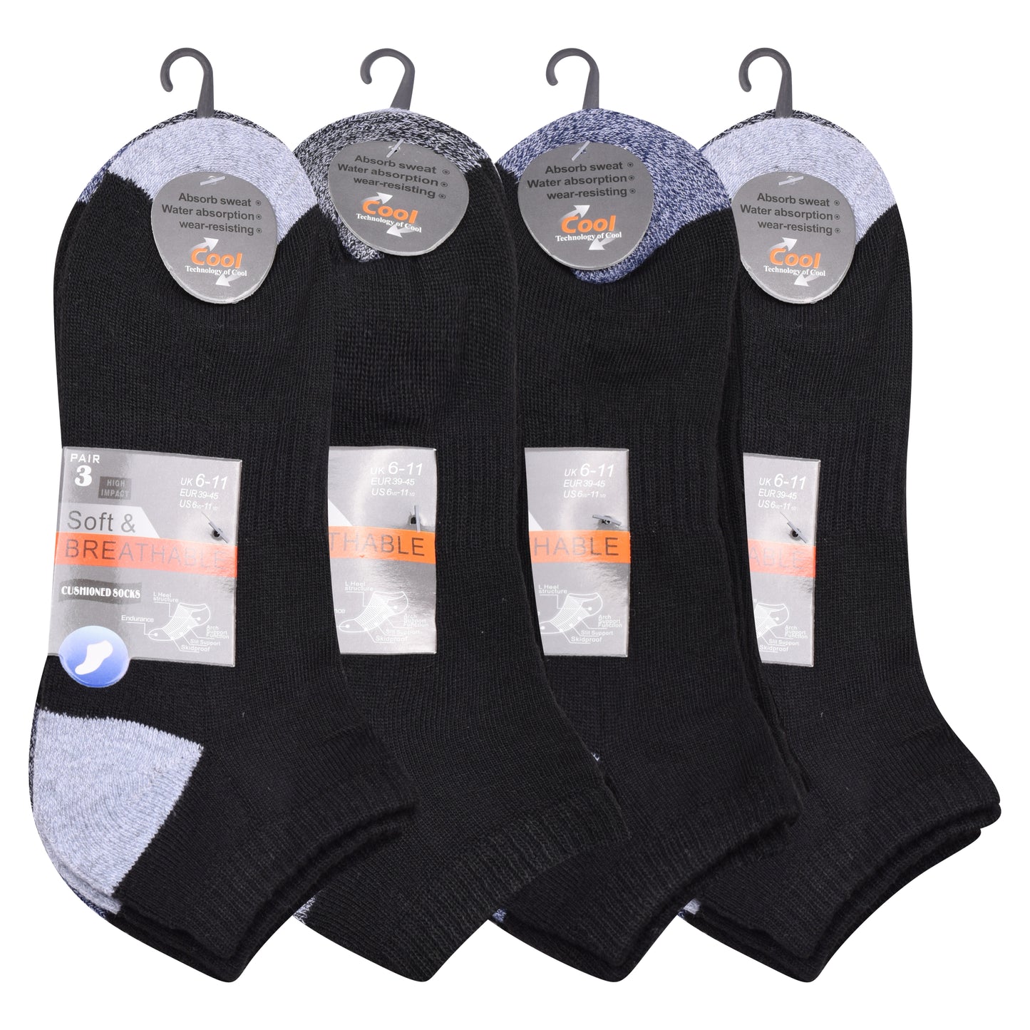 Mens Cushioned Trainer Socks - Black H&T (12 Pairs)