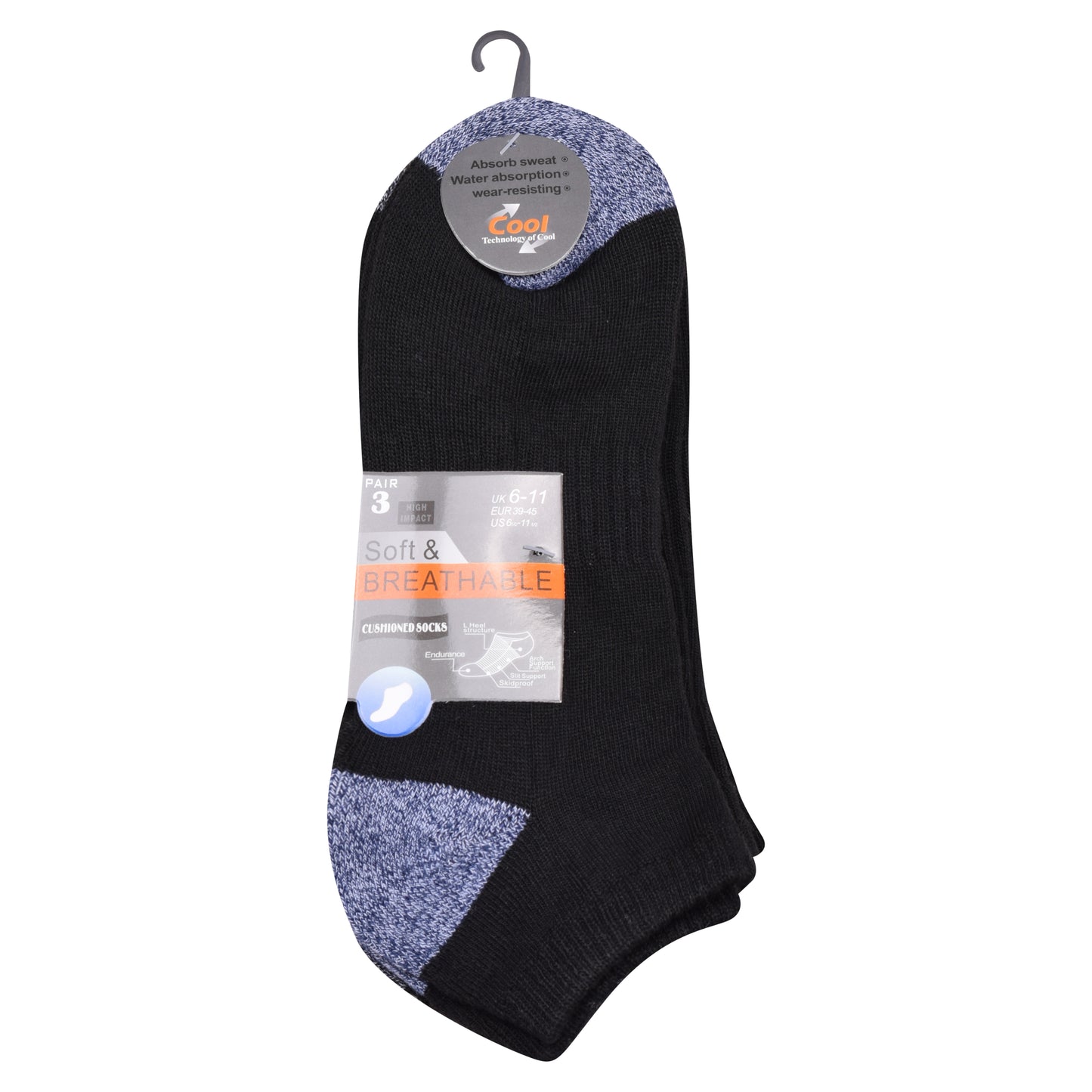 Mens Cushioned Trainer Socks - Black/Contrast Heel (12 Pairs)