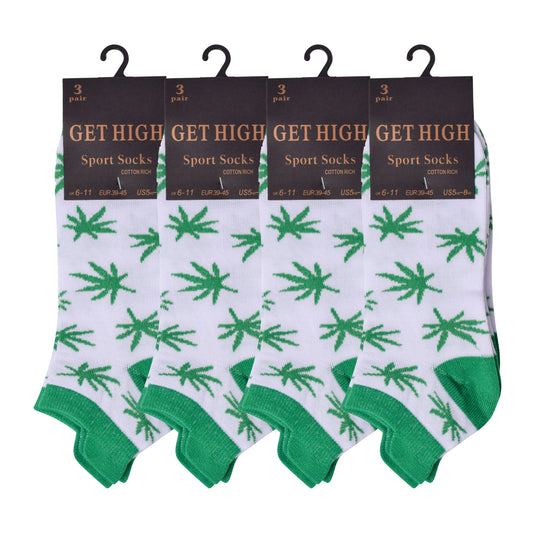Mens Trainer Socks - White Ganja Leaf (12 Pairs)