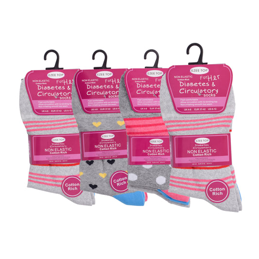 Ladies Non Elastic Diabetic Socks - Grey Patterned (12 Pairs)