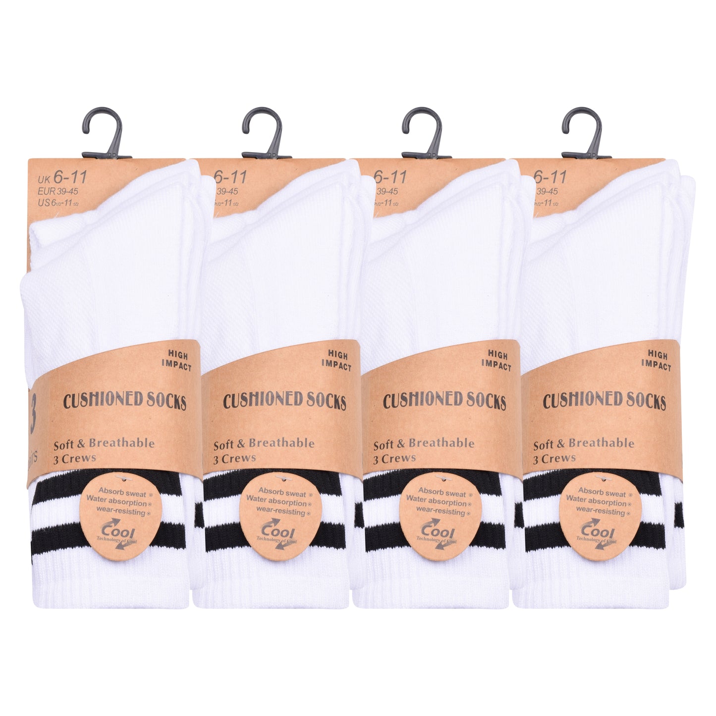 Mens 3 Pair Sport Socks - White - Black Stripes (12 Pairs)