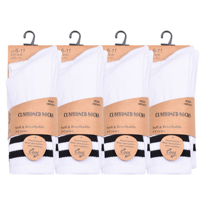 Mens 3 Pair Sport Socks - White - Black Stripes (12 Pairs)