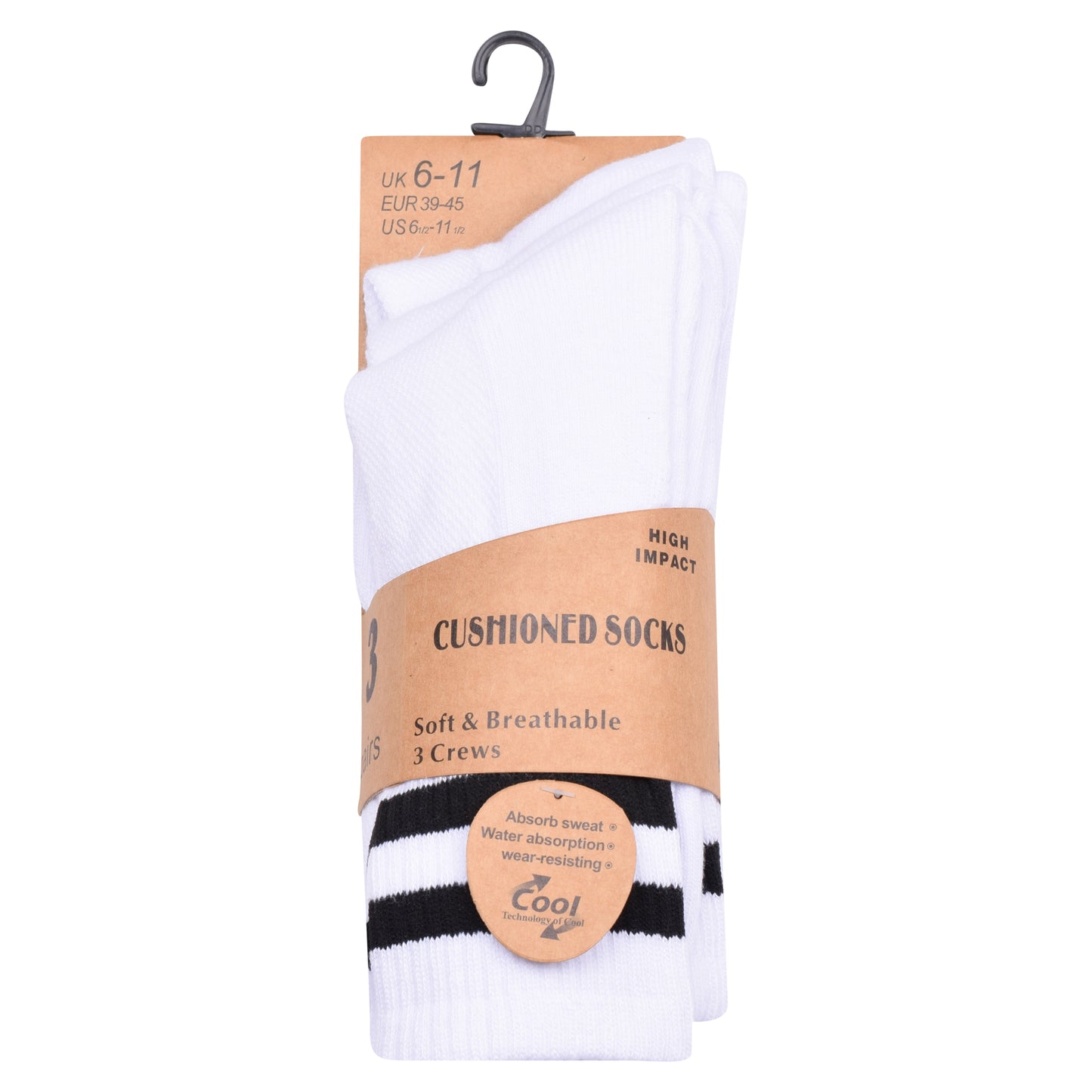 Mens 3 Pair Sport Socks - White - Black Stripes (12 Pairs)