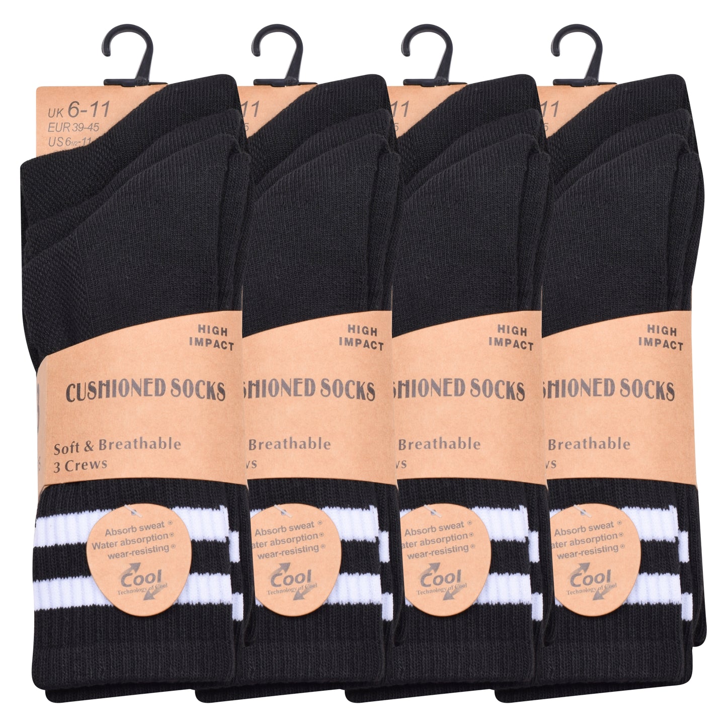 Mens 3 Pair Sport Socks - Black - White Stripes (12 Pairs)
