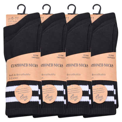 Mens 3 Pair Sport Socks - Black - White Stripes (12 Pairs)