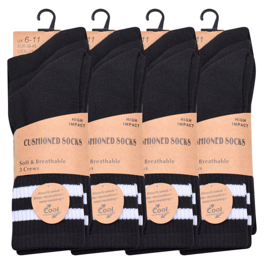 Mens 3 Pair Sport Socks - Black - White Stripes (12 Pairs)