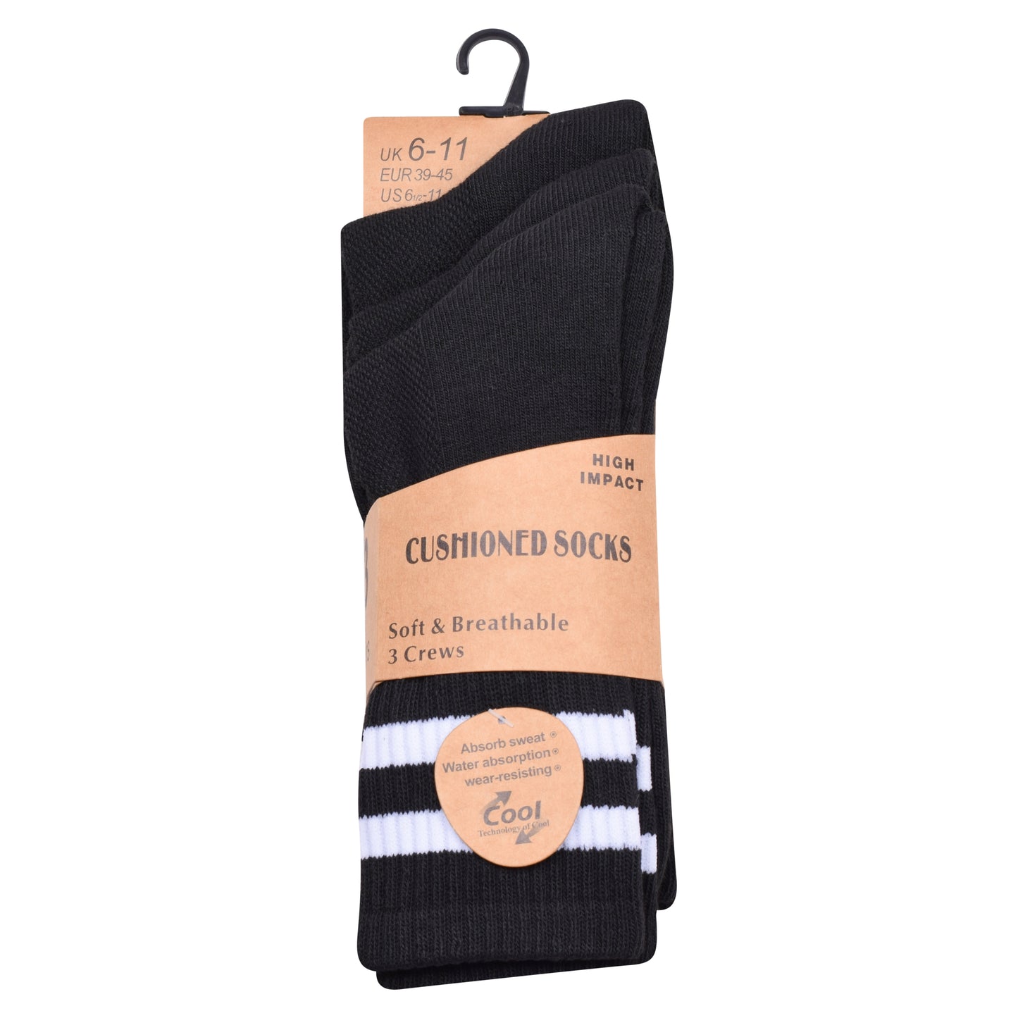 Mens 3 Pair Sport Socks - Black - White Stripes (12 Pairs)