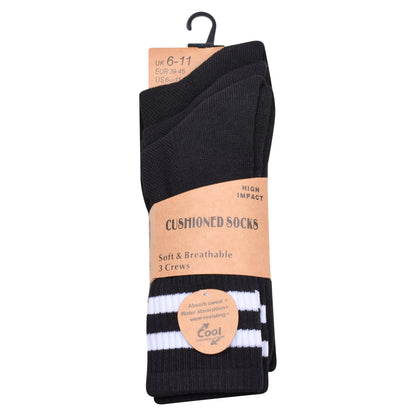 Mens 3 Pair Sport Socks - Black - White Stripes (12 Pairs)