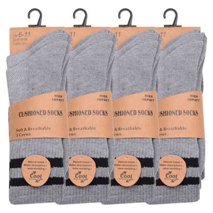Mens 3 Pair Sport Socks - Grey - Black Stripes (12 Pairs)