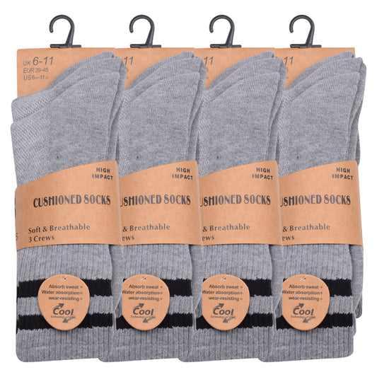 Mens 3 Pair Sport Socks - Grey - Black Stripes (12 Pairs)