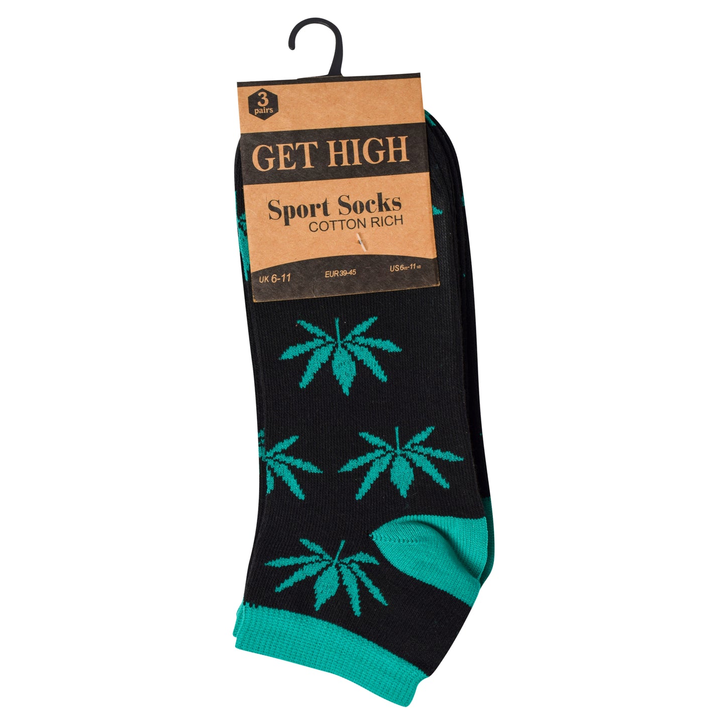Mens Trainer Socks - Black Ganja Leaf (12 Pairs)