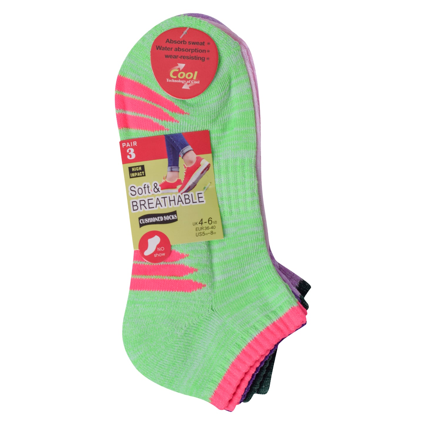 Ladies Cushioned Trainer Socks - Assorted Striped (12 Pairs)